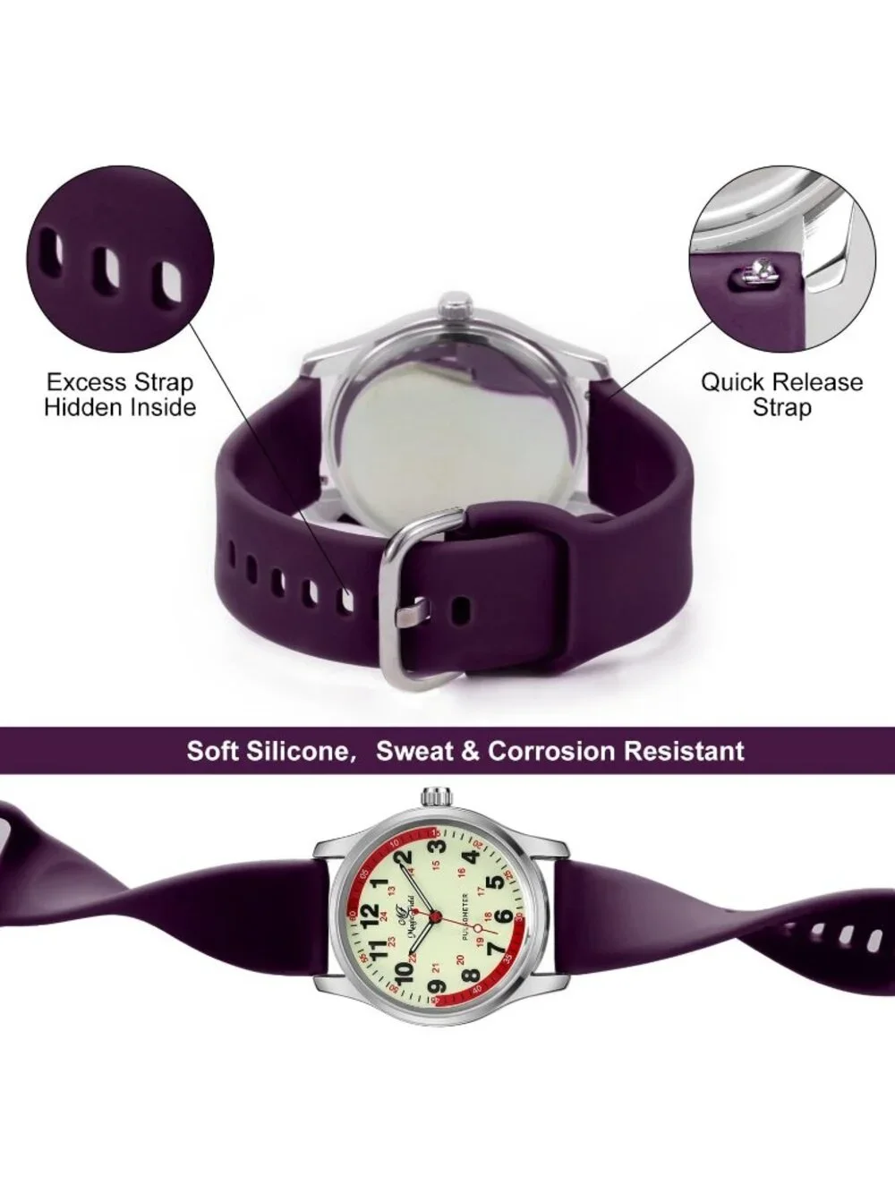 Women's Silver Purple Easy to Read Military Time Waterproof Luminous Wrist Watch
